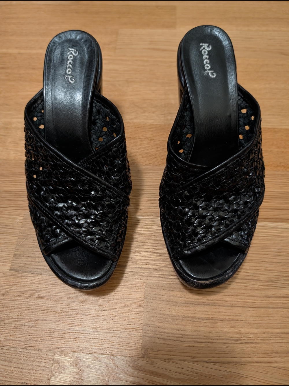 Rocco P. Black Woven Cross Strap Platform Heeled Sandals